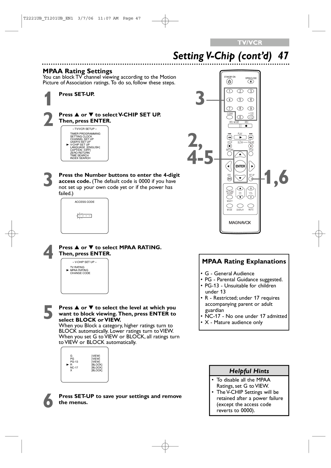 Philips 20MC4306 Mpaa Rating Settings, Mpaa Rating Explanations, Press or to select Mpaa Rating Then, press Enter 