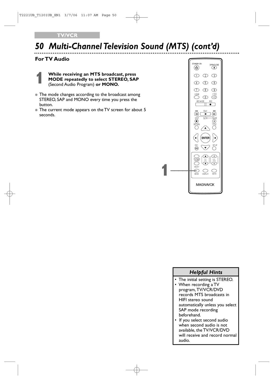 Philips 24MC4306 Multi-Channel Television Sound MTS cont’d, For TV Audio, While receiving an MTS broadcast, press 