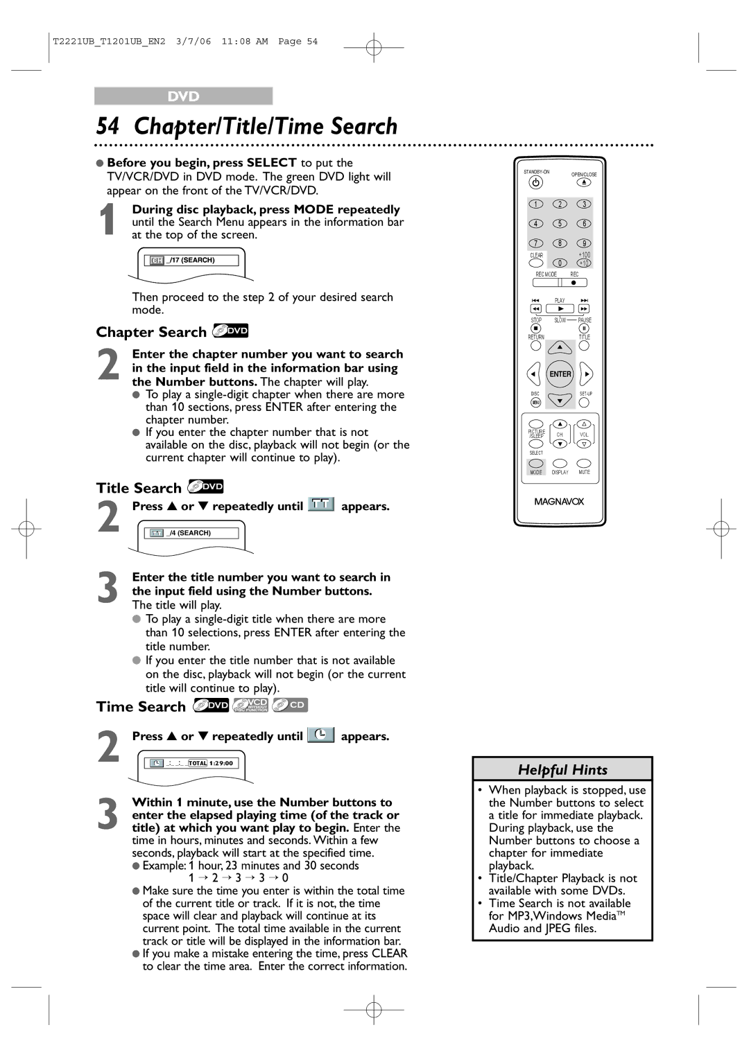 Philips 24MC4306, 20MC4306 quick start Chapter/Title/Time Search, Chapter Search, Title Search, Press or repeatedly until 