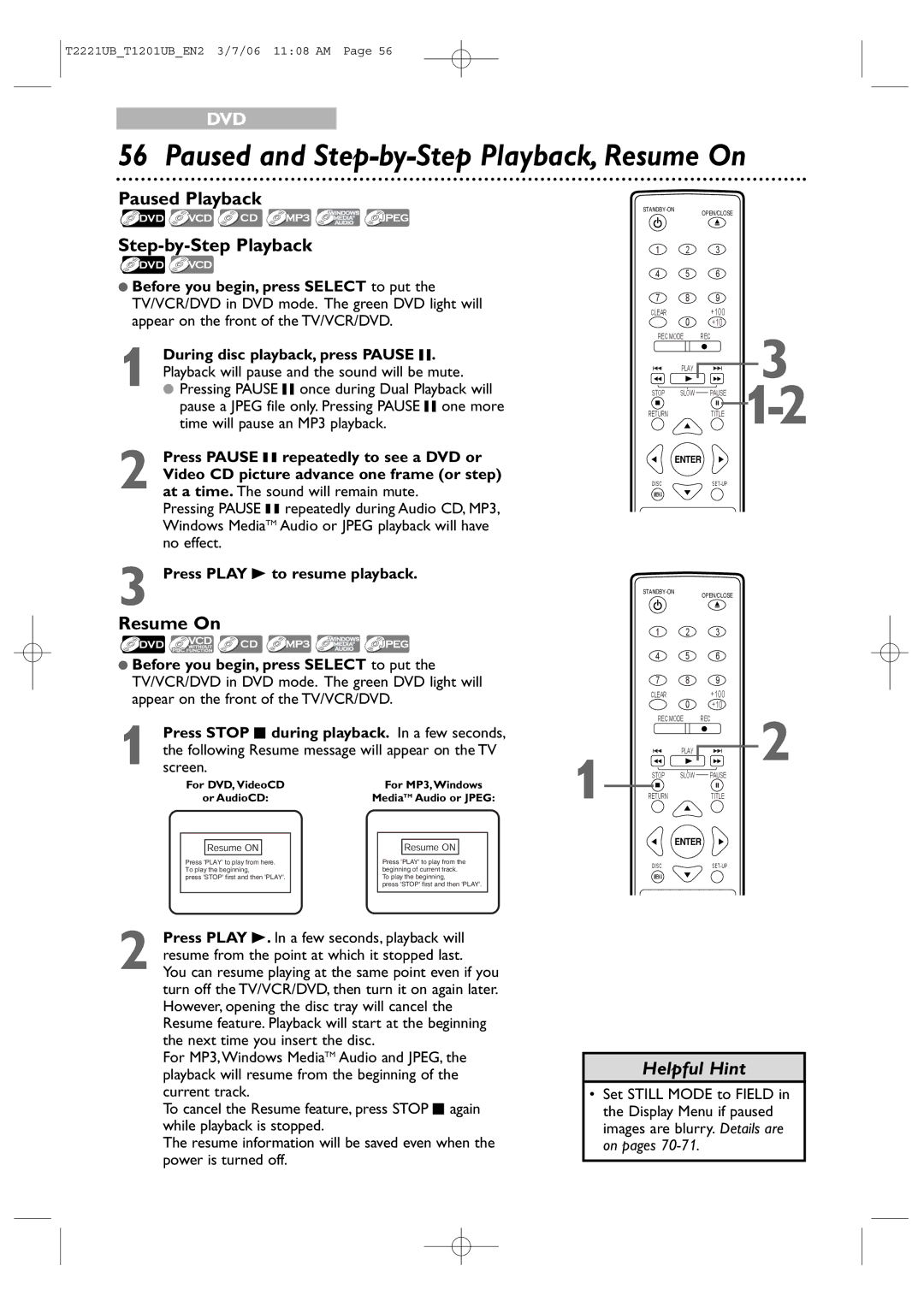 Philips 24MC4306, 20MC4306 quick start Paused and Step-by-Step Playback, Resume On, Paused Playback Step-by-Step Playback 