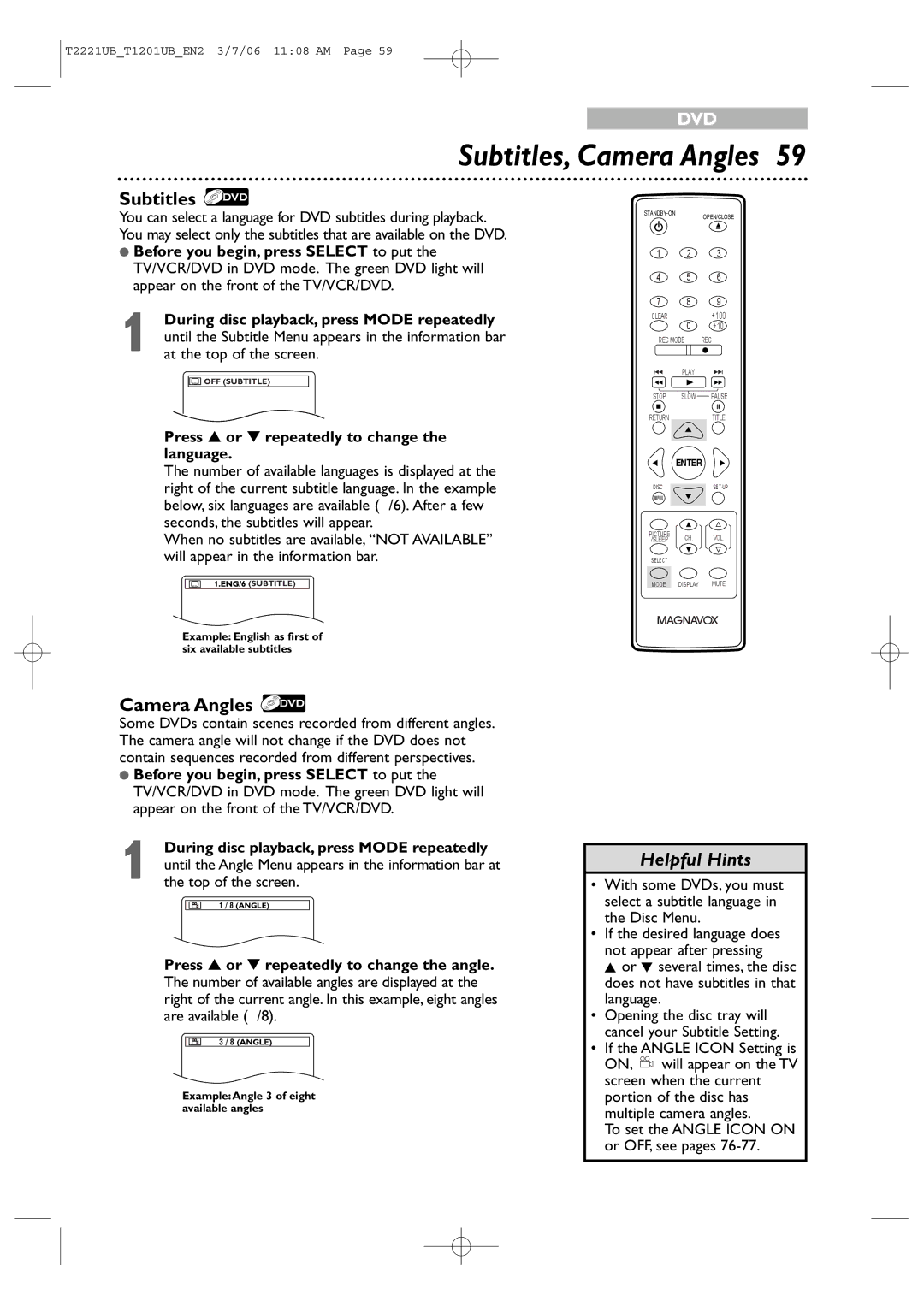 Philips 20MC4306, 24MC4306 quick start Subtitles, Camera Angles, Press or repeatedly to change the language 