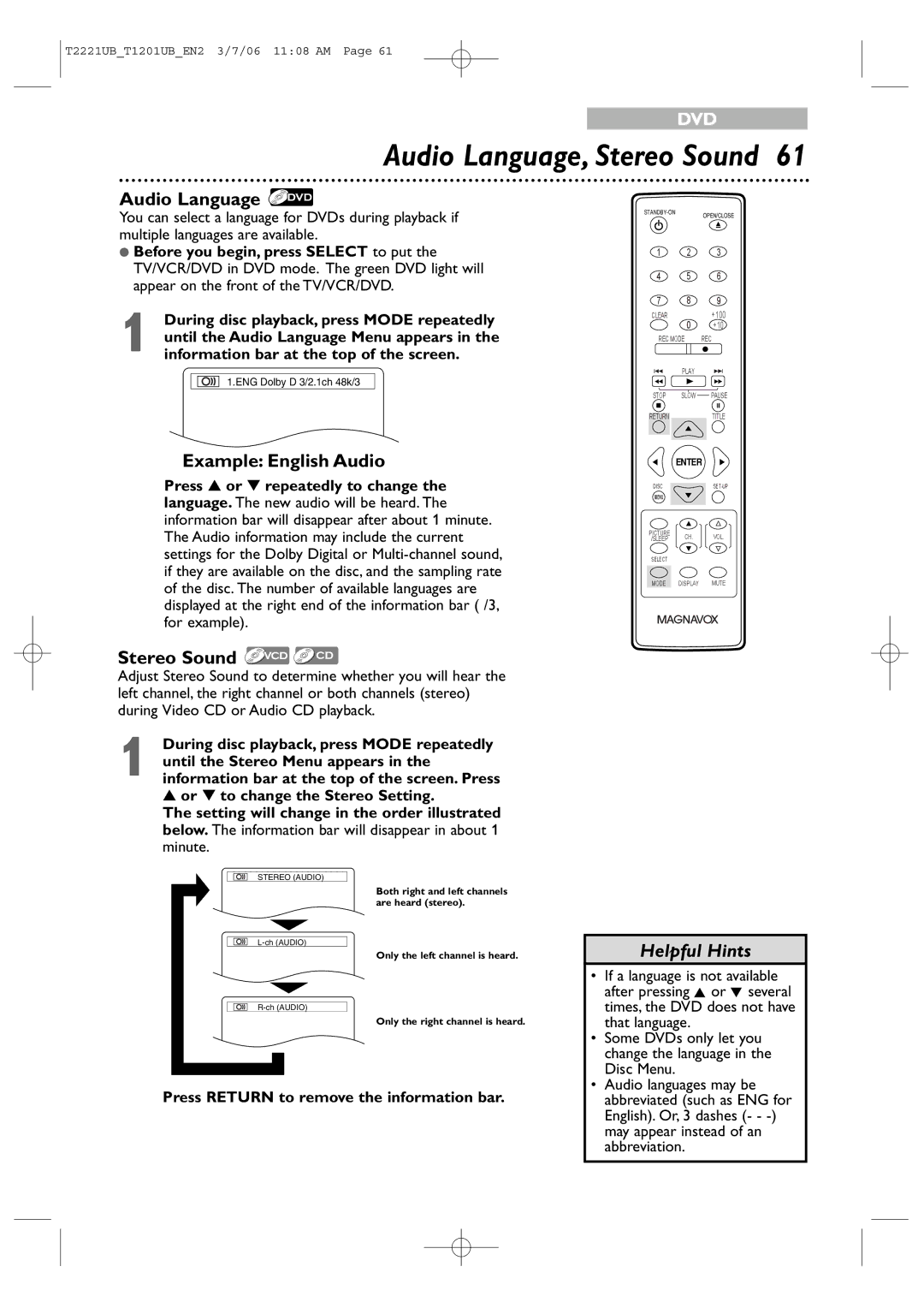 Philips 20MC4306, 24MC4306 Audio Language, Stereo Sound, Example English Audio, Press Return to remove the information bar 