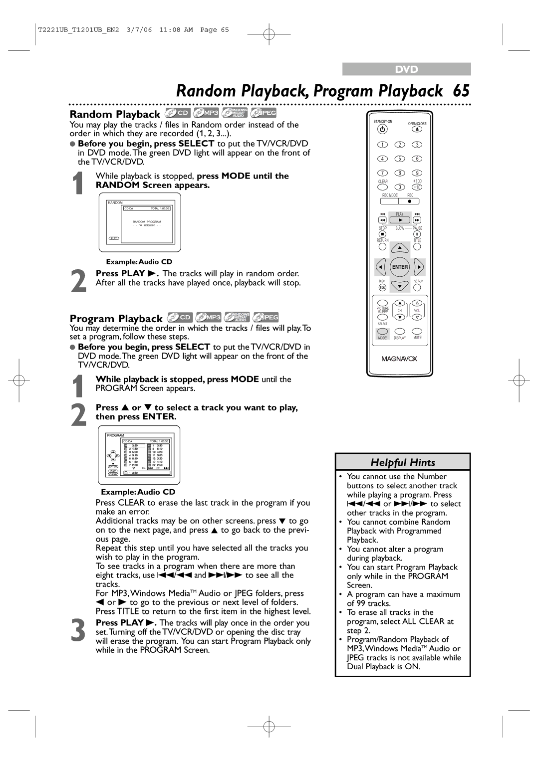 Philips 20MC4306 Random Playback, Program Playback, While playback is stopped, press Mode until, Random Screen appears 