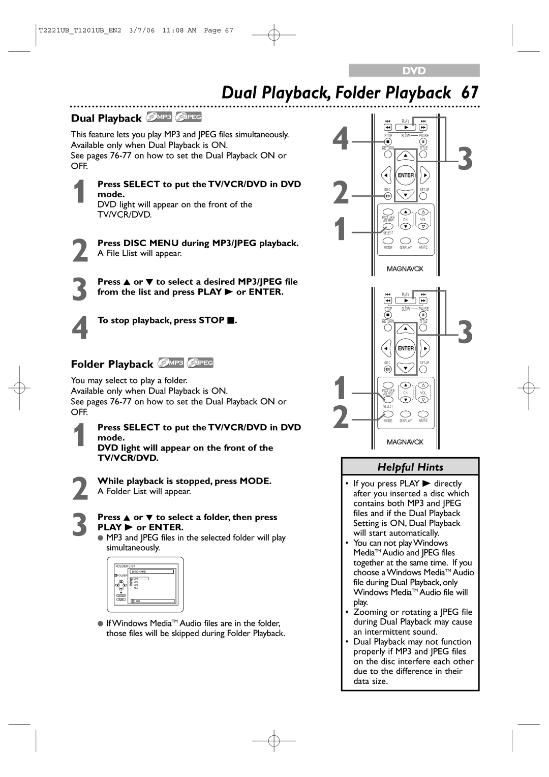 Philips 20MC4306, 24MC4306 quick start Dual Playback, Folder Playback, Press Select to put the TV/VCR/DVD in DVD mode 