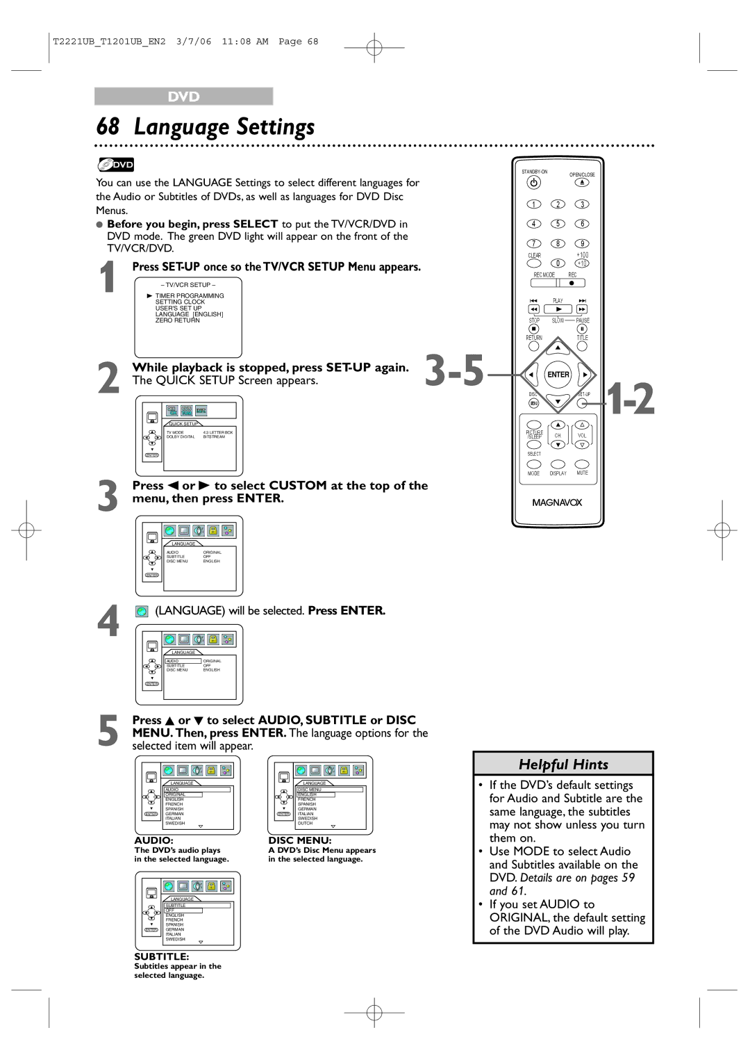 Philips 24MC4306 Language Settings, Press SET-UP once so the TV/VCR Setup Menu appears, Quick Setup Screen appears 