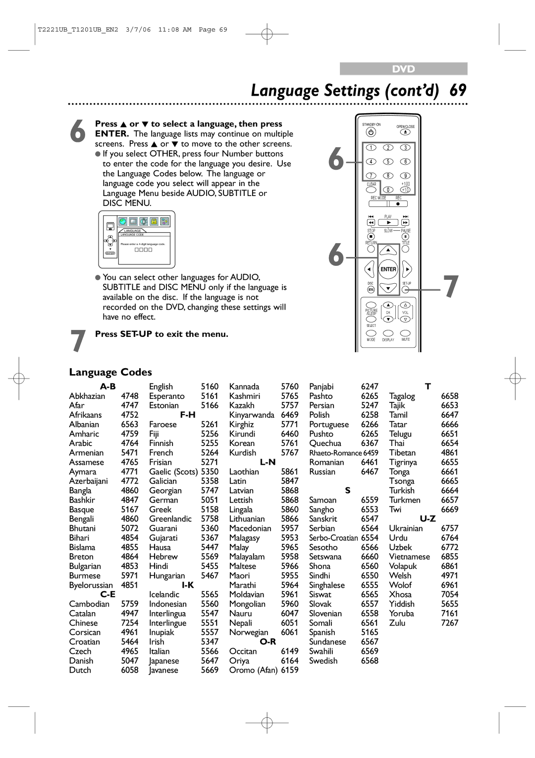 Philips 20MC4306, 24MC4306 quick start Language Codes, Press K or L to select a language, then press 