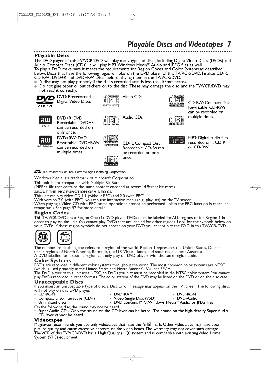 Philips 20MC4306, 24MC4306 quick start Playable Discs, Region Codes, Color Systems, Unacceptable Discs, Videotapes 