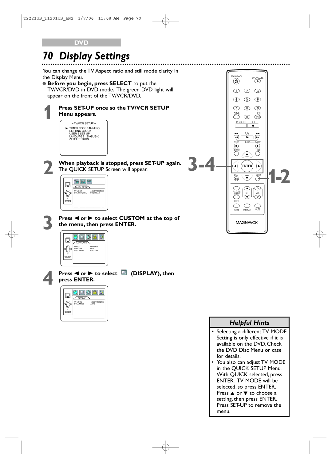 Philips 24MC4306 Display Settings, Quick Setup Screen will appear, Press s or B to select press Enter, DISPLAY, then 