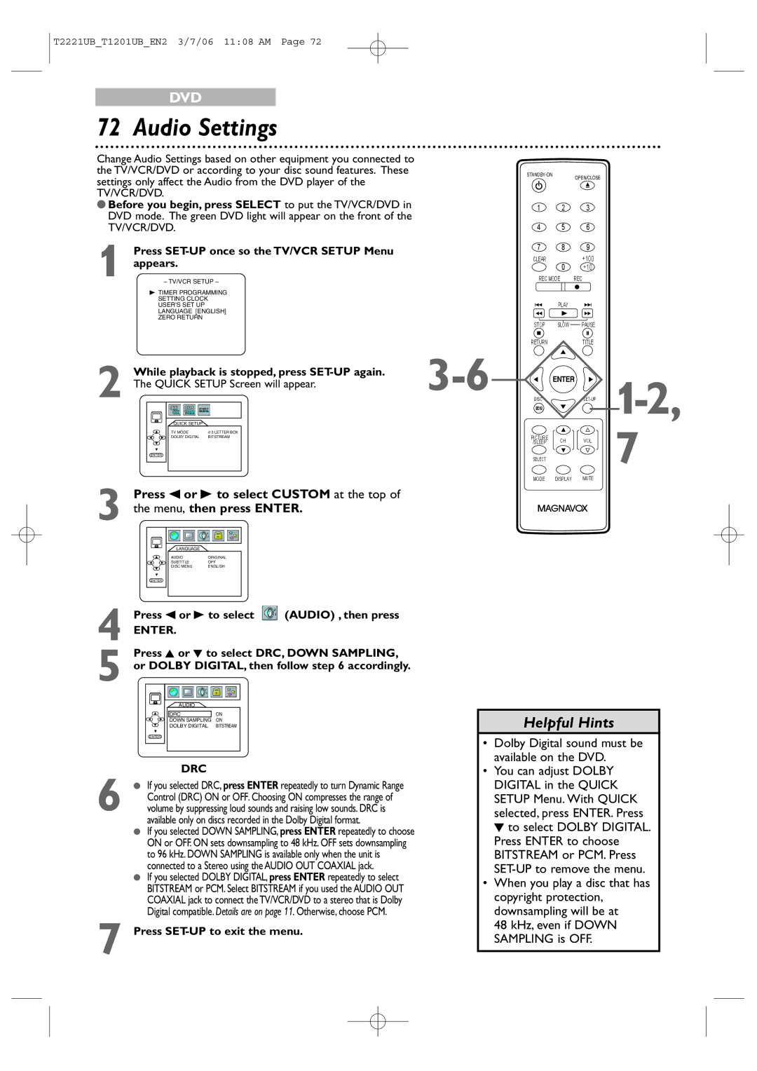 Philips 24MC4306, 20MC4306 quick start Audio Settings, Dolby Digital sound must be available on the DVD 