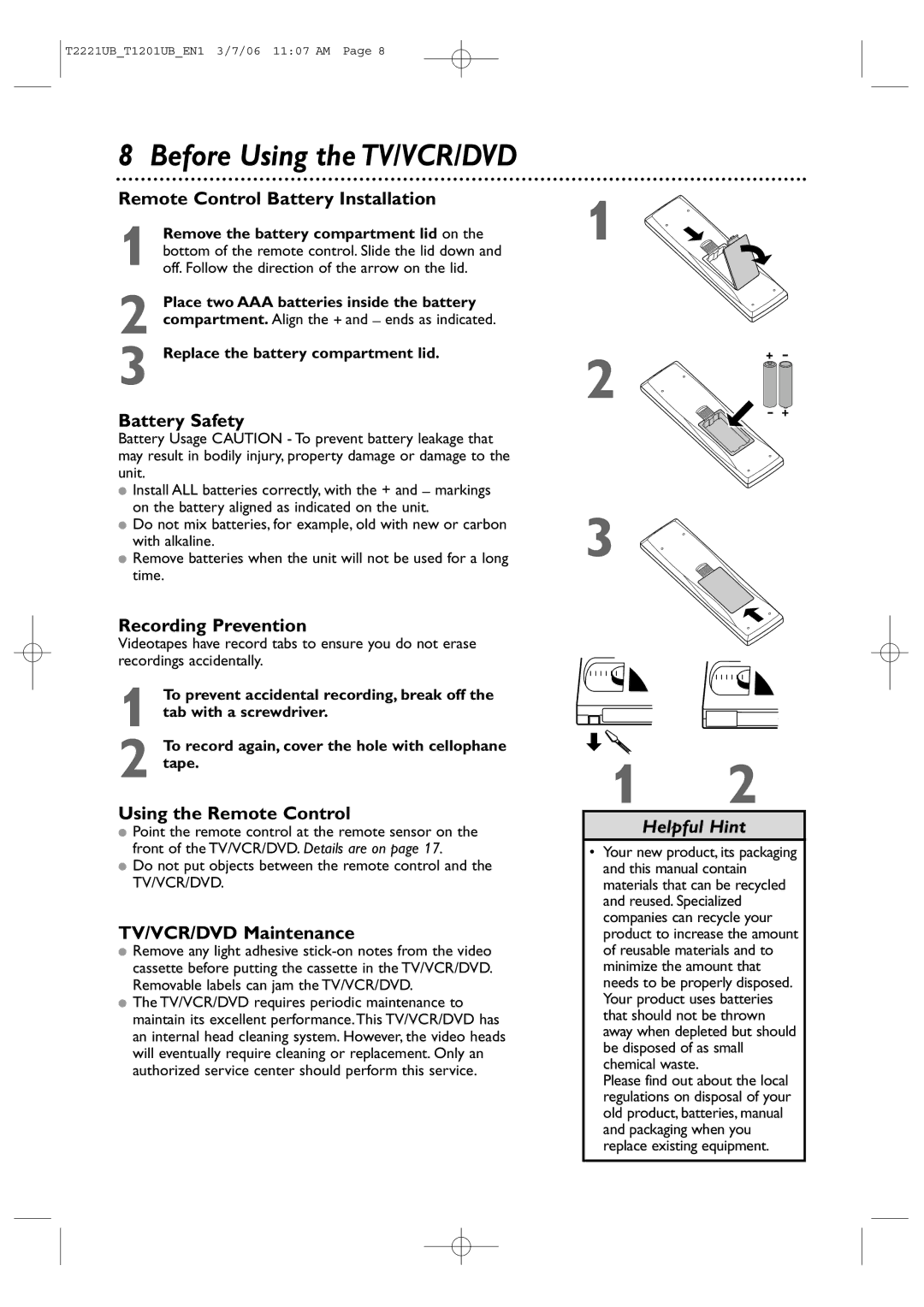 Philips 24MC4306 Remote Control Battery Installation, Battery Safety, Recording Prevention, Using the Remote Control 