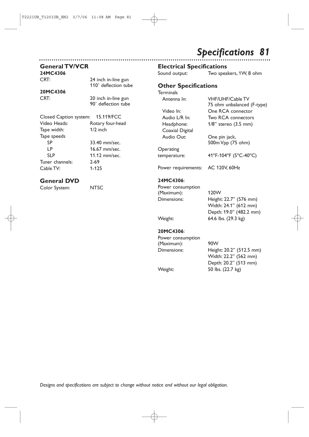 Philips 20MC4306, 24MC4306 quick start General TV/VCR, General DVD, Electrical Specifications, Other Specifications 