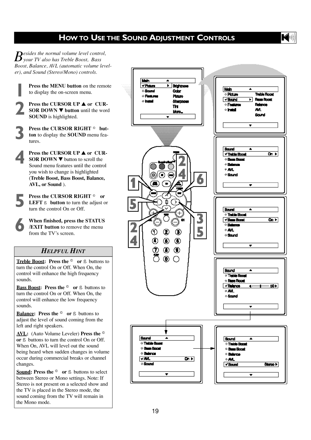 Philips 24PT6341/37 HOW to USE the Sound Adjustment Controls, Press the Cursor UP or CUR- SOR Down button to scroll 