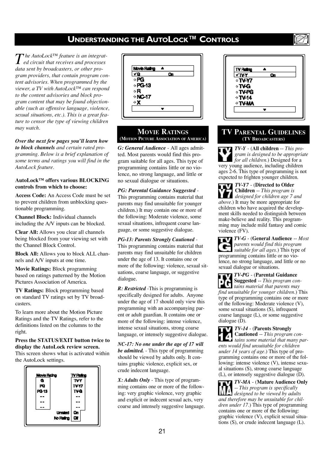 Philips 24PT6341/37 user manual Understanding the Autolock Controls, TV-MA- Mature Audience Only 