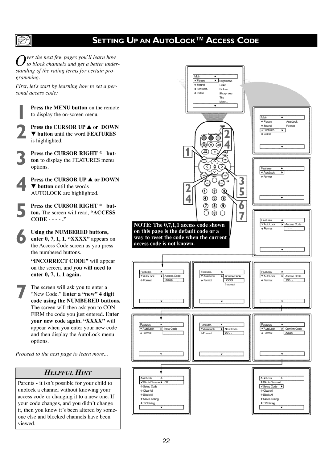 Philips 24PT6341/37 user manual Setting UP AN Autolock Access Code, Incorrect Code will appear, Enter 0, 7, 1, 1 again 