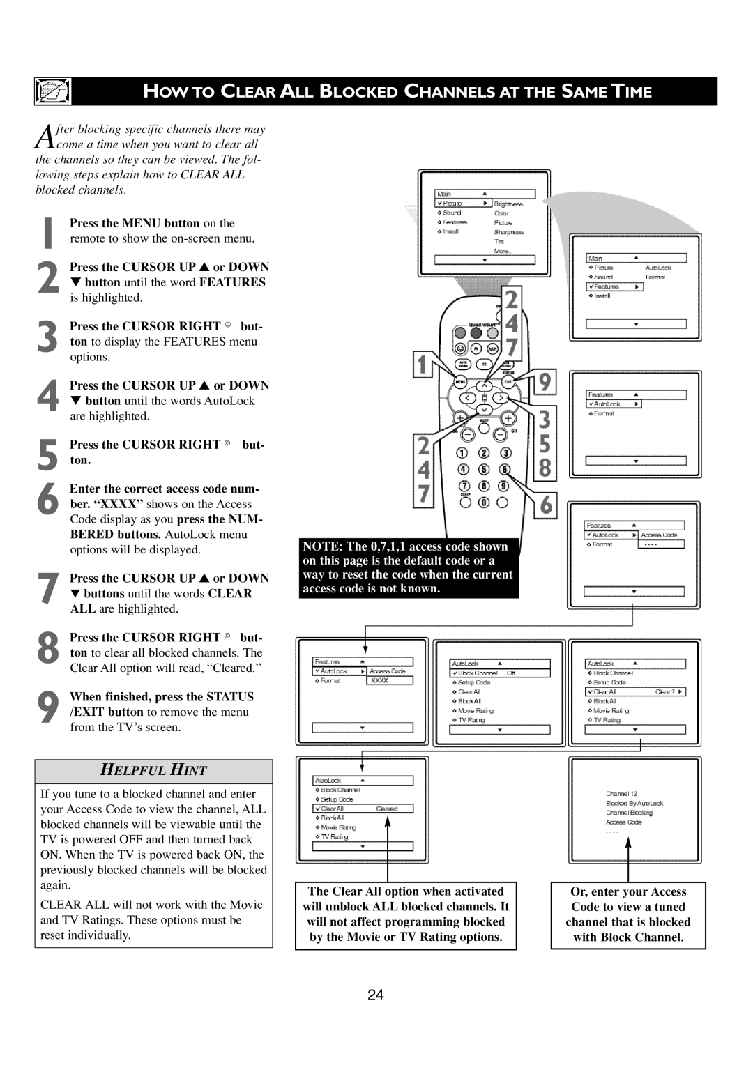 Philips 24PT6341/37 user manual HOW to Clear ALL Blocked Channels AT the Same Time, Bered buttons. AutoLock menu 