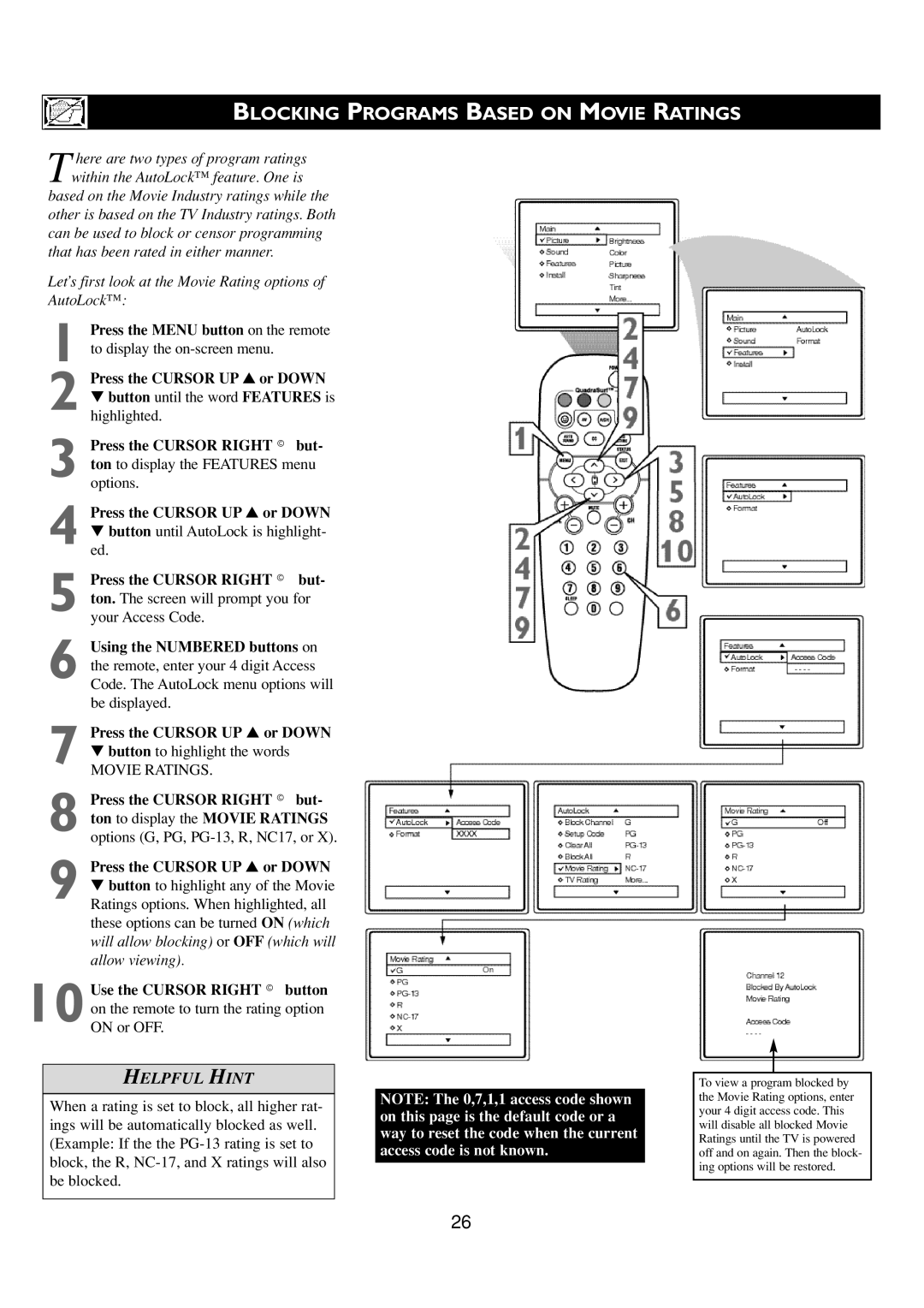 Philips 24PT6341/37 Blocking Programs Based on Movie Ratings, Press the Cursor Right but- ton to display the Movie Ratings 