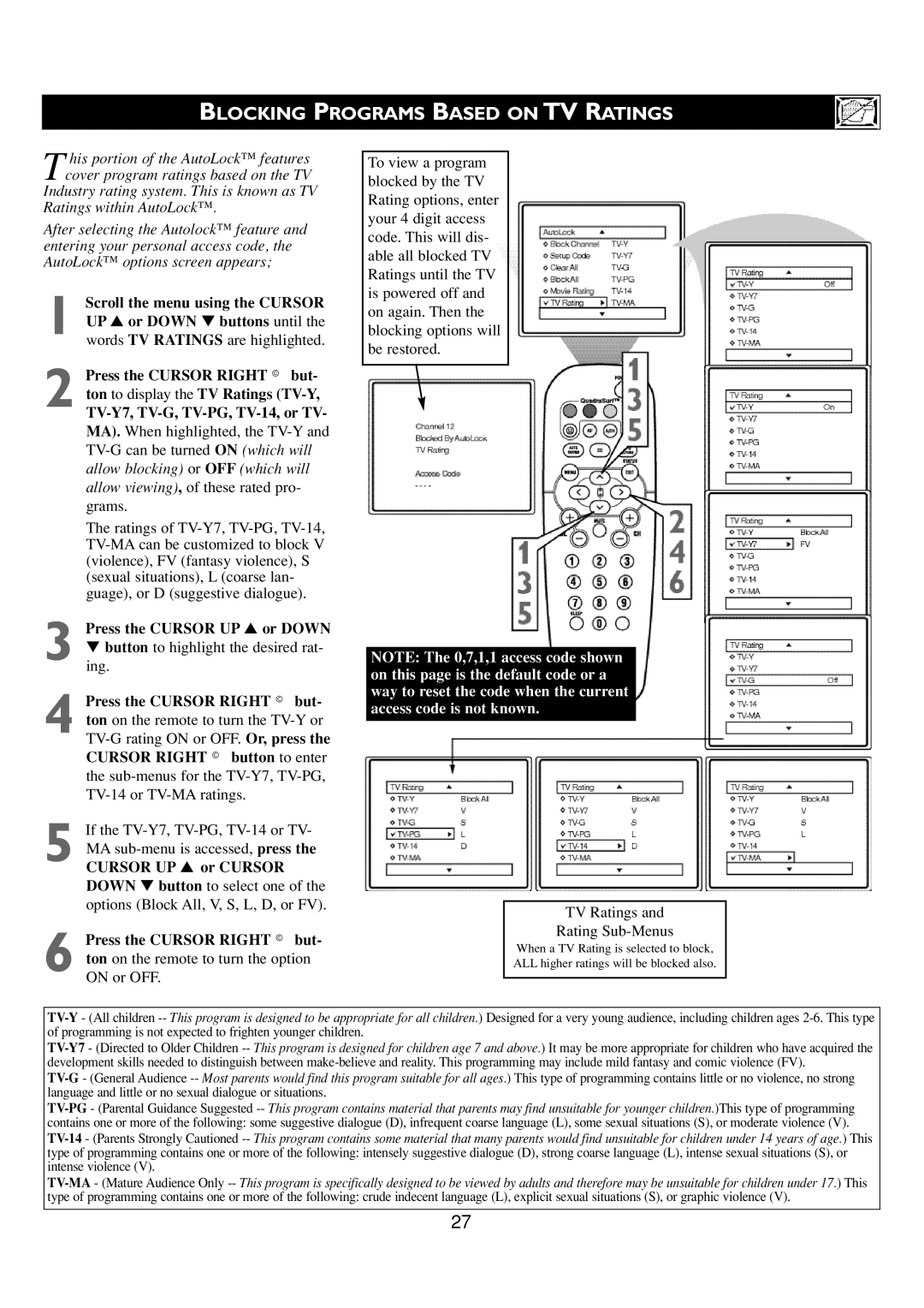 Philips 24PT6341/37 user manual Blocking Programs Based on TV Ratings, Allow blocking or OFF which will 