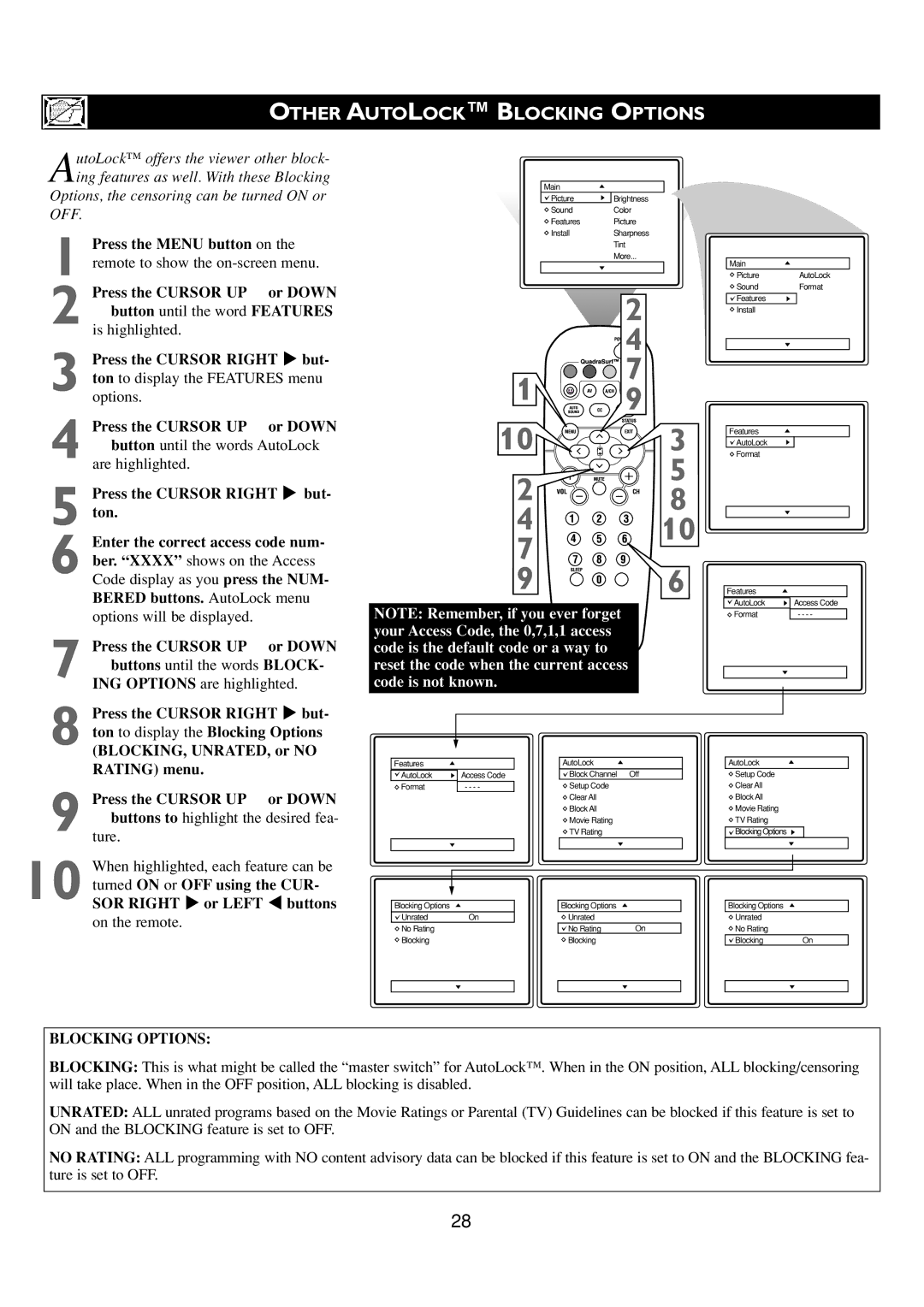 Philips 24PT6341/37 user manual Other Autolock Blocking Options, Buttons until the words BLOCK- ING Options are highlighted 