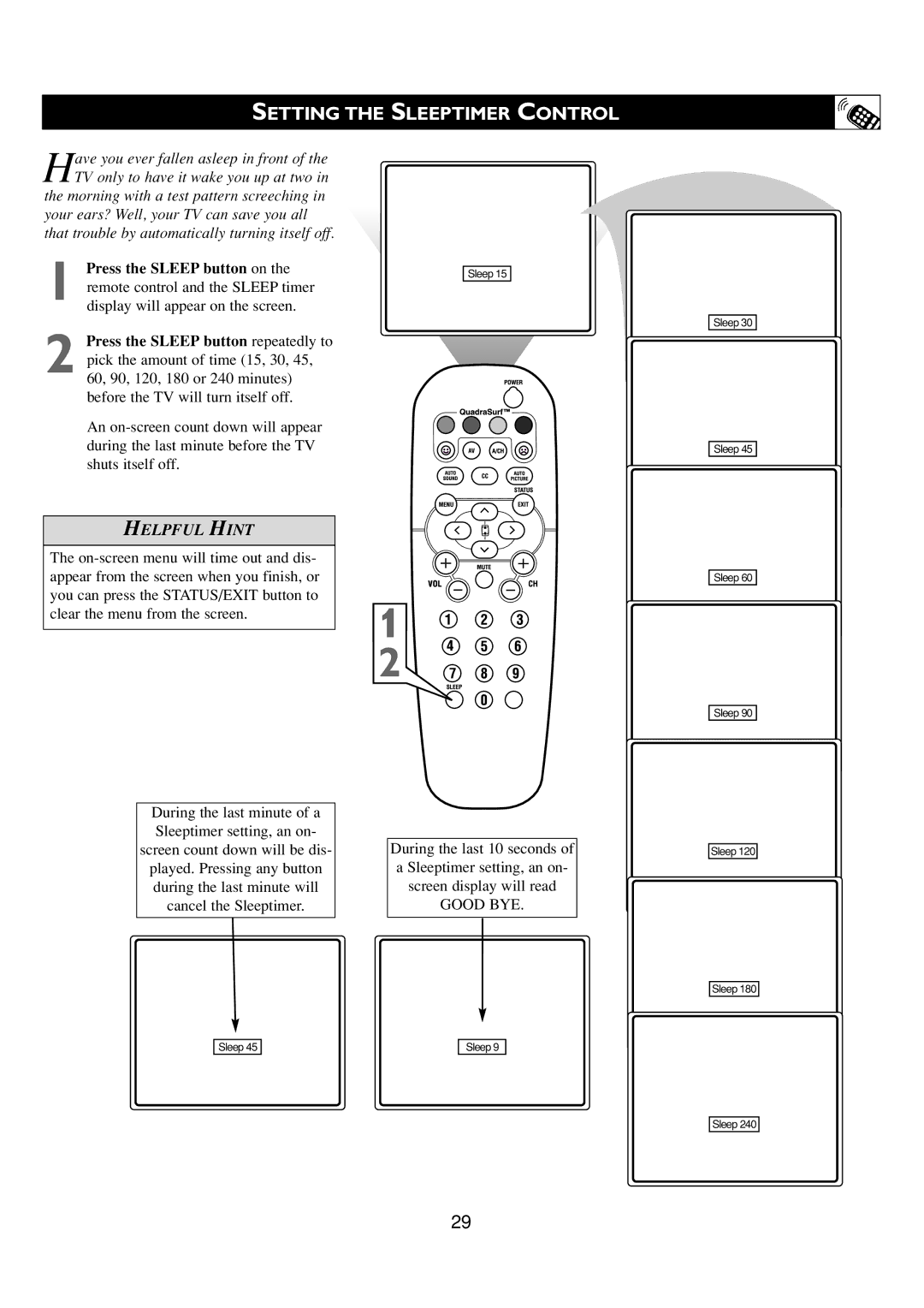 Philips 24PT6341/37 user manual Setting the Sleeptimer Control, Press the Sleep button on 