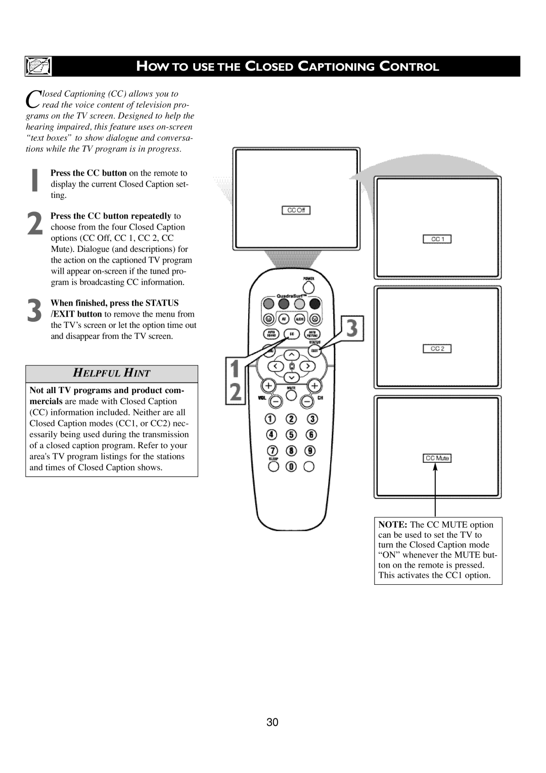 Philips 24PT6341/37 user manual HOW to USE the Closed Captioning Control, Not all TV programs and product com 