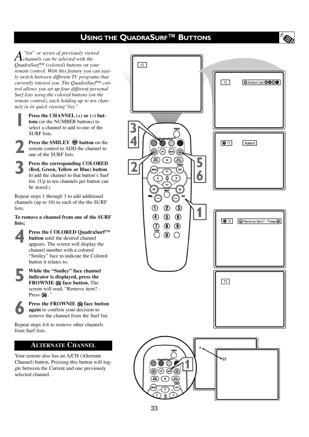 Philips 24PT6341/37 user manual Using the Quadrasurf Buttons, Alternate Channel 