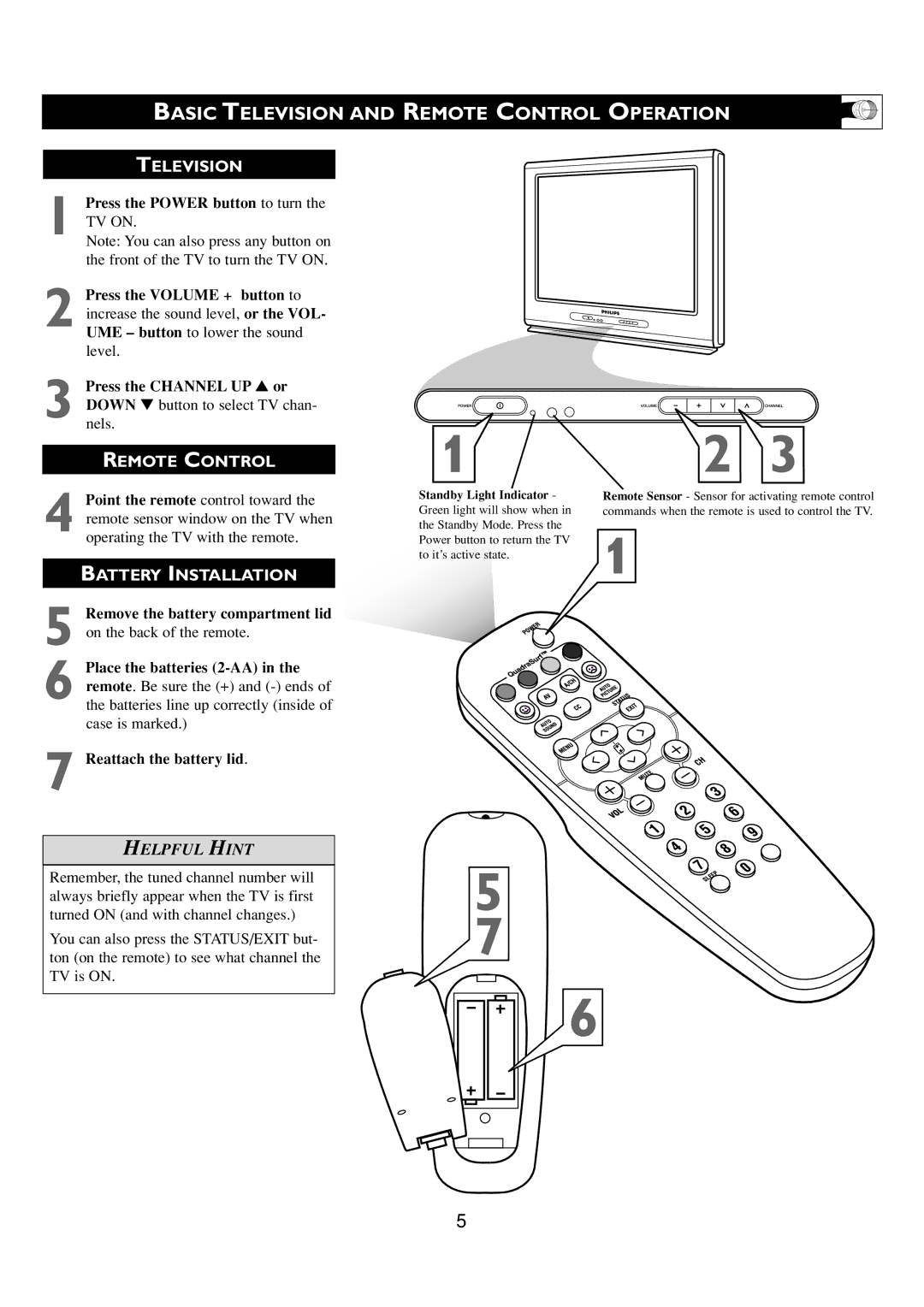 Philips 24PT6341/37 Basic Television and Remote Control Operation, Press the Channel UP or Down button to select TV chan 