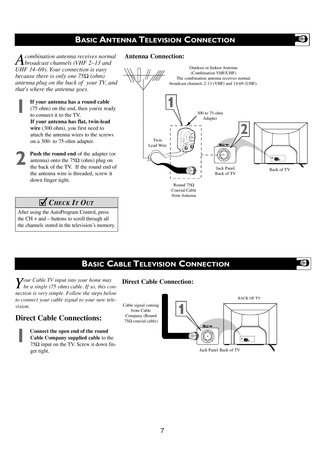 Philips 24PT6341/37 user manual Basic Antenna Television Connection, Basic Cable Television Connection 