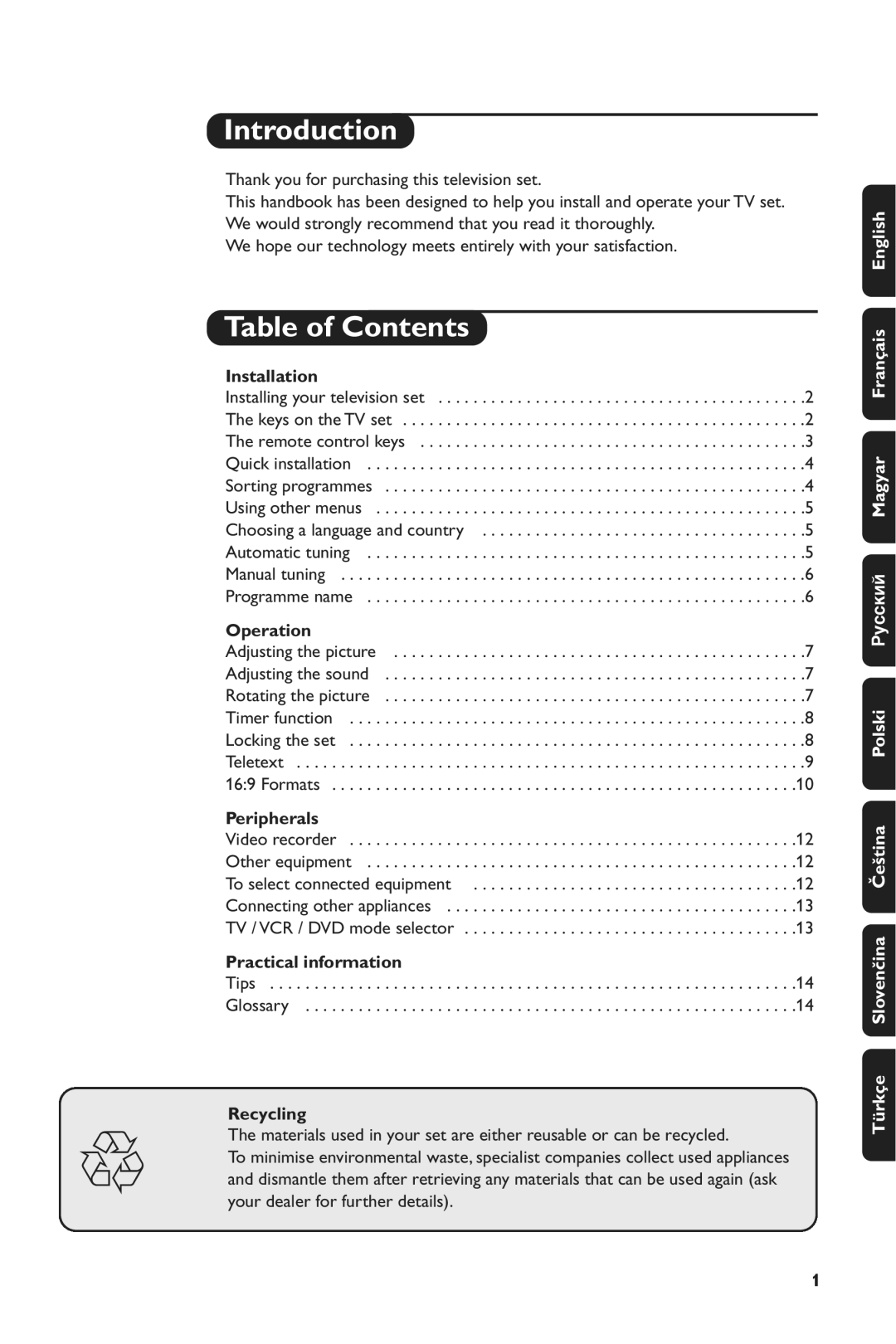 Philips 24PW6005/58 manual Introduction, Table of Contents 