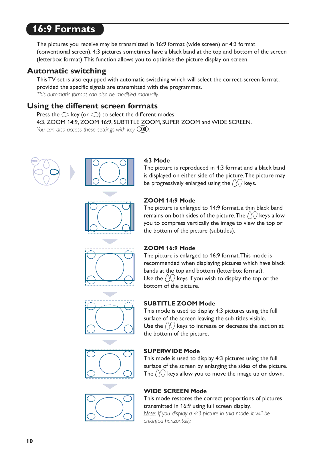 Philips 24PW6005/58 manual Formats, Automatic switching, Using the different screen formats 