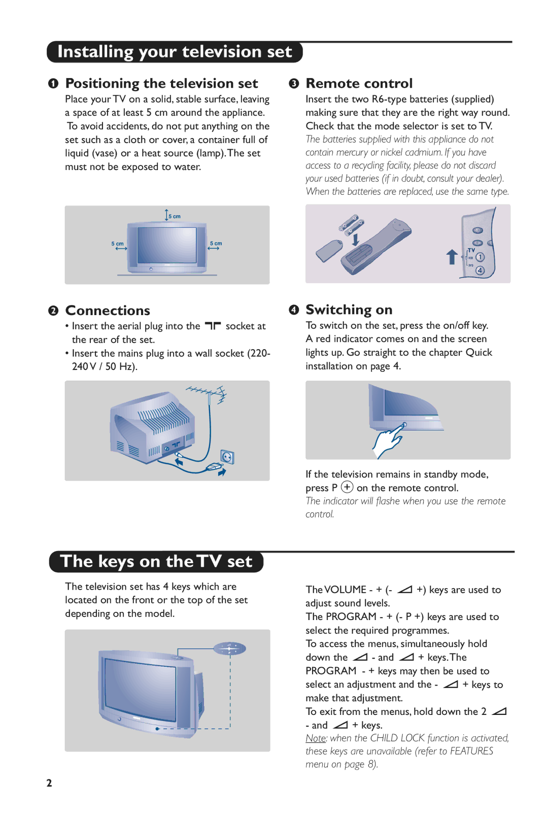 Philips 24PW6005/58 Installing your television set, Keys on the TV set, Positioning the television set Remote control 