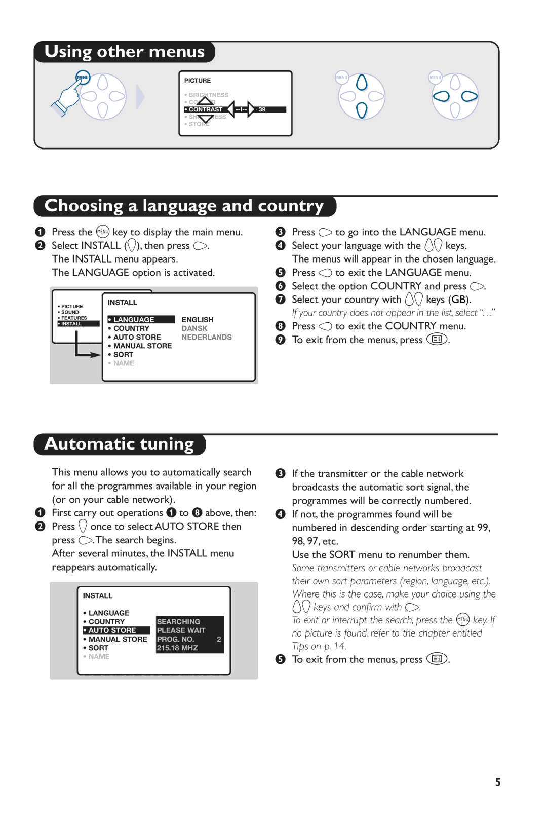 Philips 24PW6005/58 manual Using other menus, Choosing a language and country, Automatic tuning 