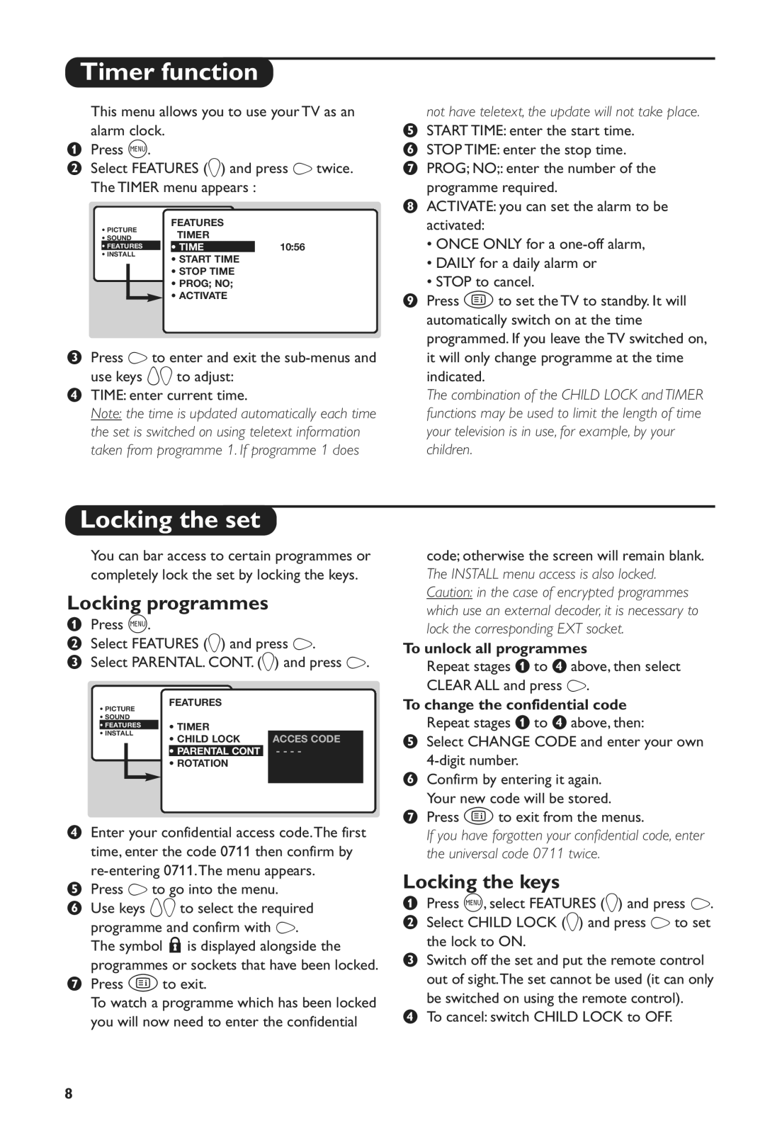 Philips 24PW6005/58 manual Timer function, Locking the set, Locking programmes, Locking the keys 