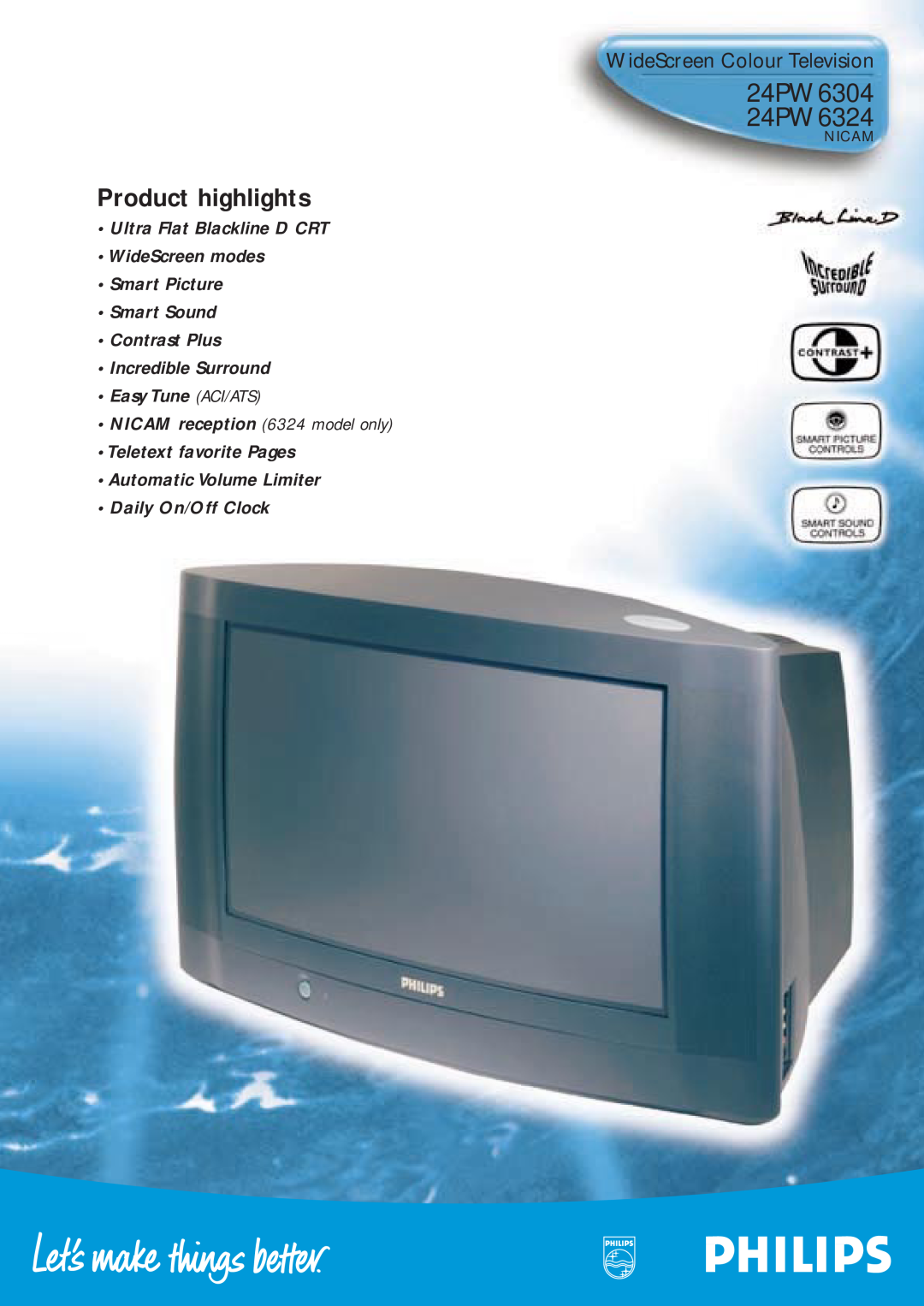 Philips manual 24PW6304 24PW6324, WideScreen Colour Television, Nicam, Product highlights 