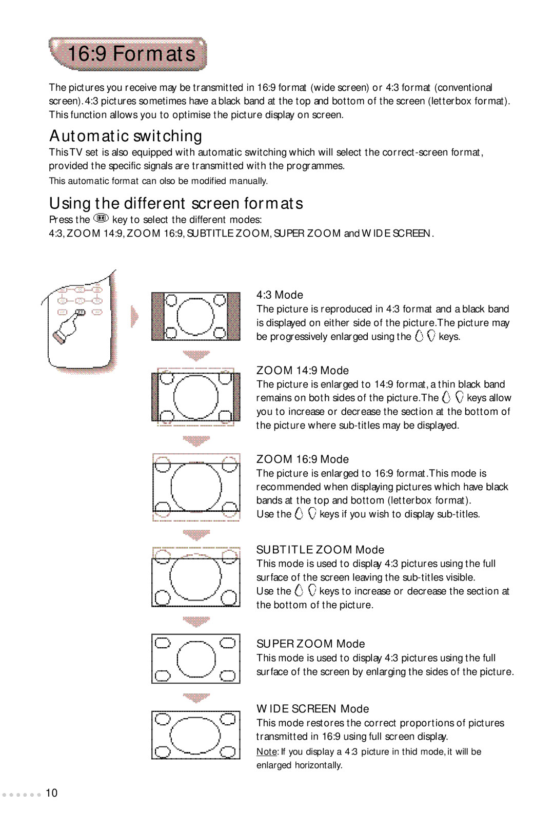 Philips 24PW6324/01R manual Formats, Automatic switching, Using the different screen formats 