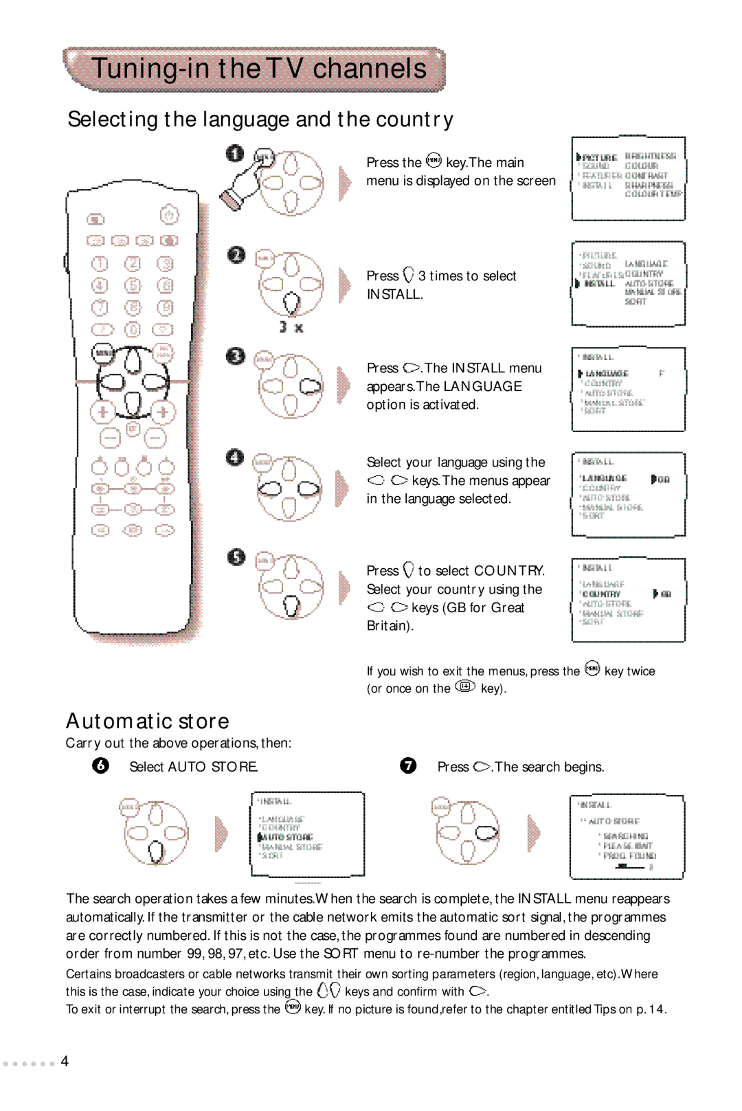 Philips 24PW6324/01R manual Tuning-in the TV channels, Selecting the language and the country, Automatic store 