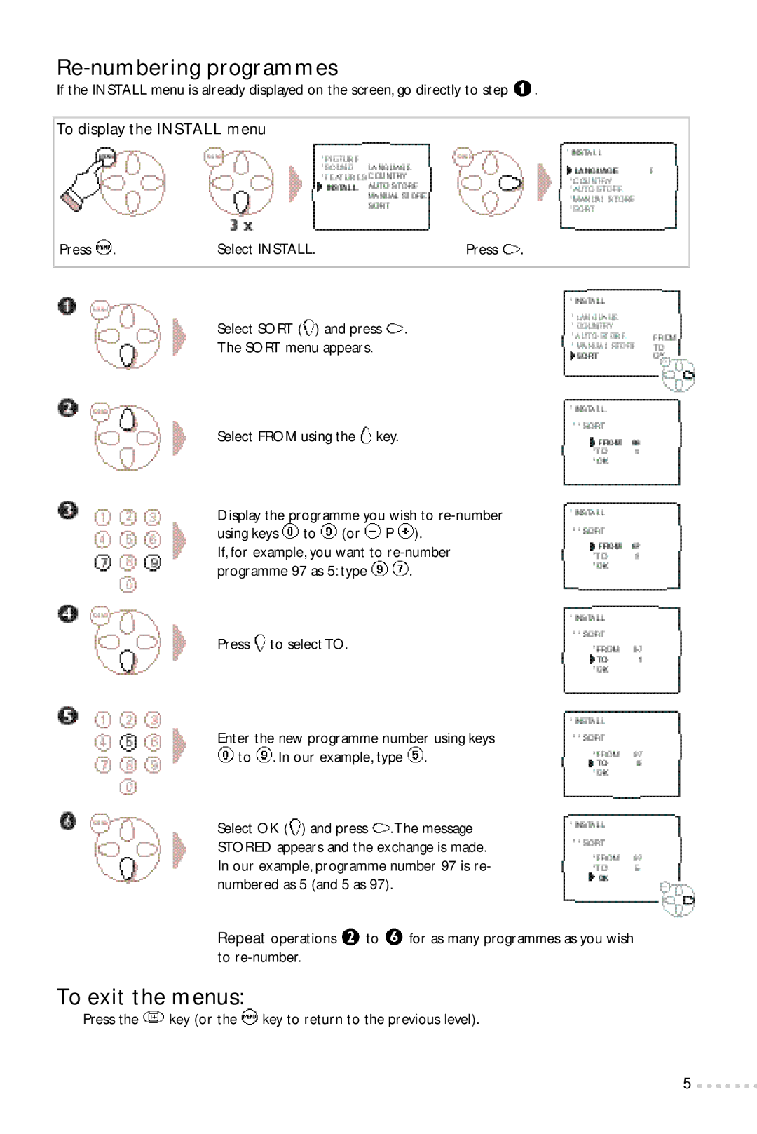 Philips 24PW6324/01R manual Re-numbering programmes, To exit the menus, To display the Install menu 