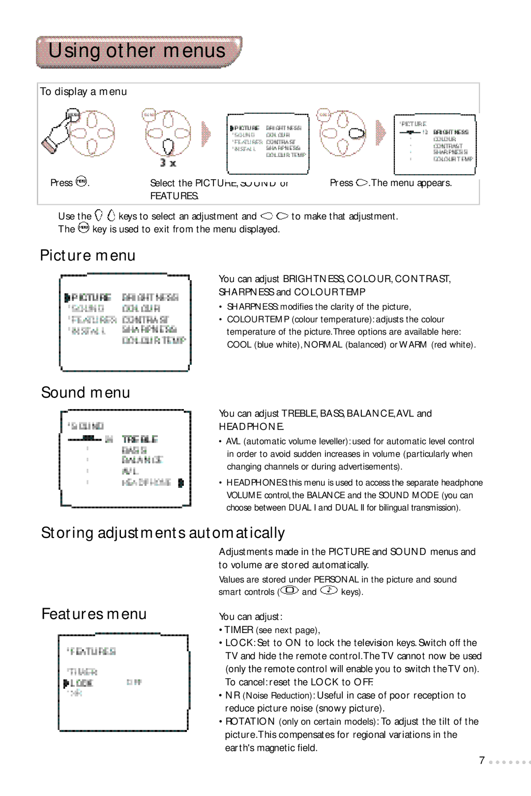 Philips 24PW6324/01R manual Using other menus, Picture menu, Sound menu, Storing adjustments automatically Features menu 