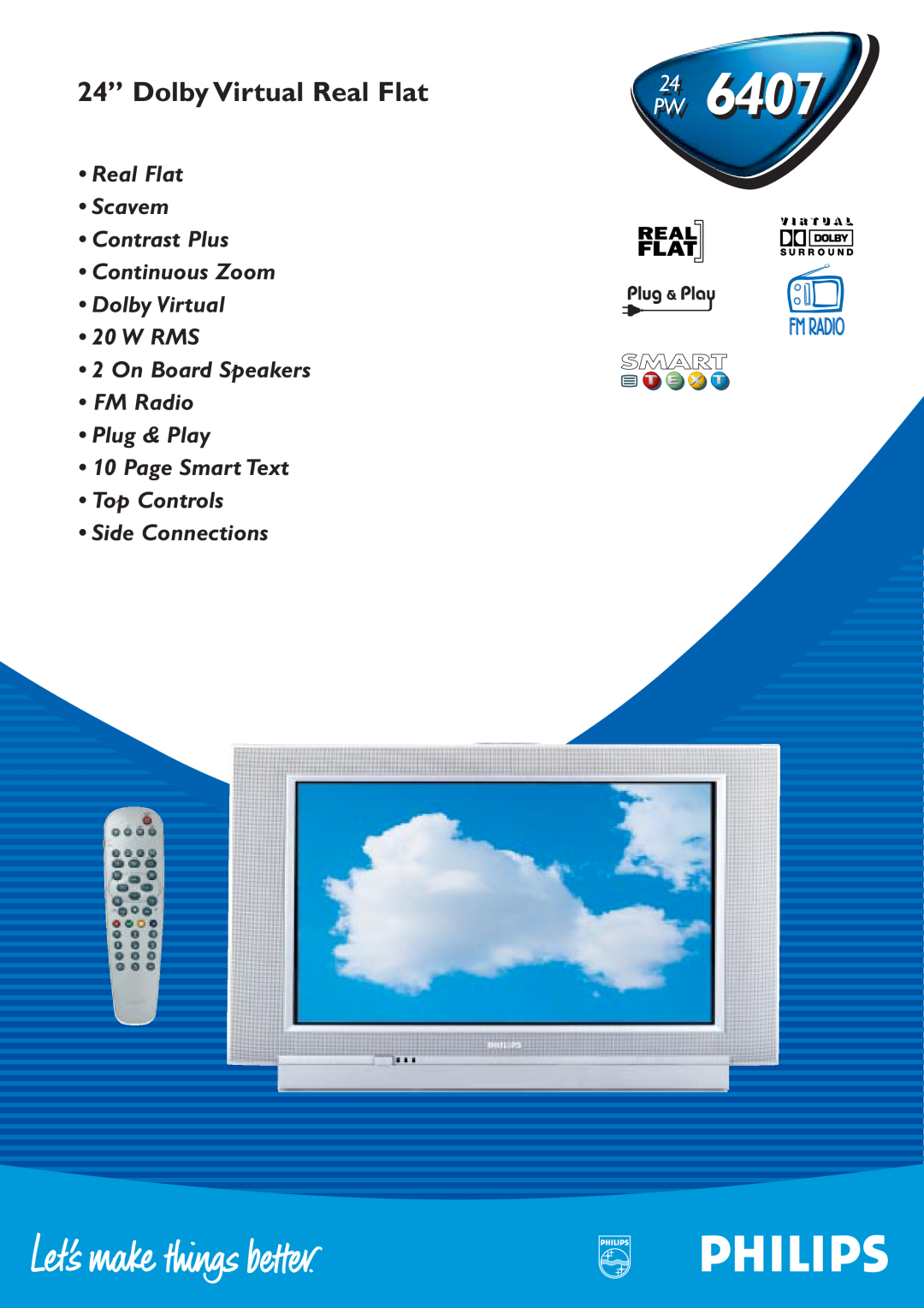 Philips 24PW6407 /01 manual 24” Dolby Virtual Real Flat24, On Board Speakers FM Radio Plug & Play 10 Page Smart Text 