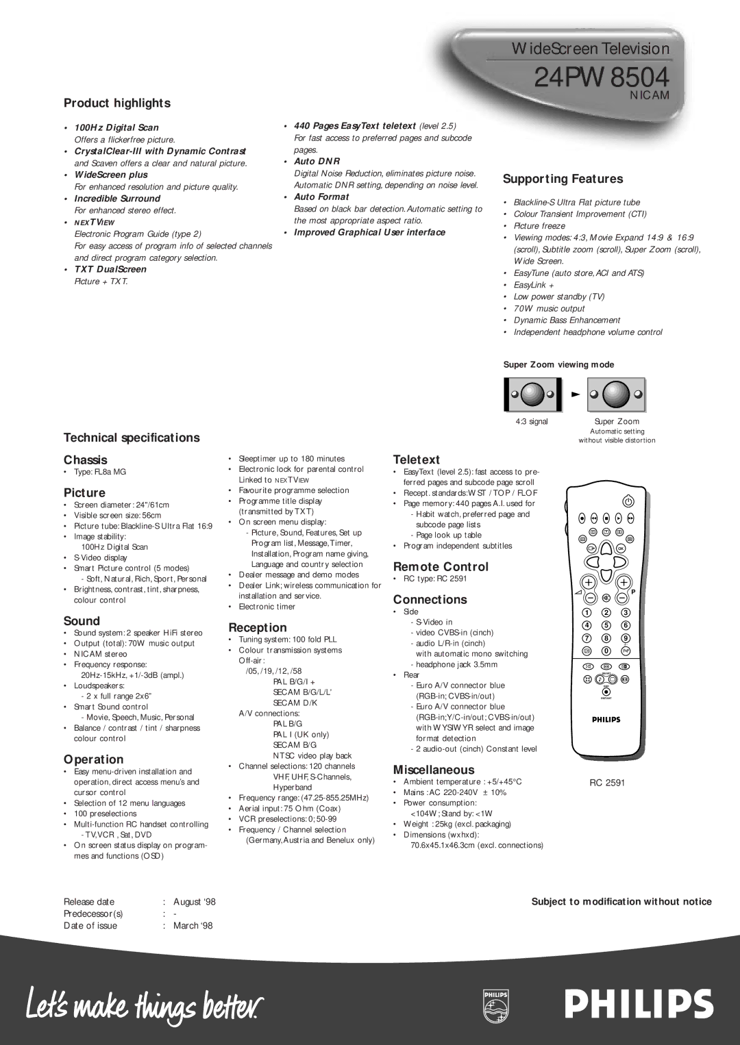 Philips 24PW8504 Product highlights, Supporting Features, Technical specifications Chassis, Picture, Sound, Operation 