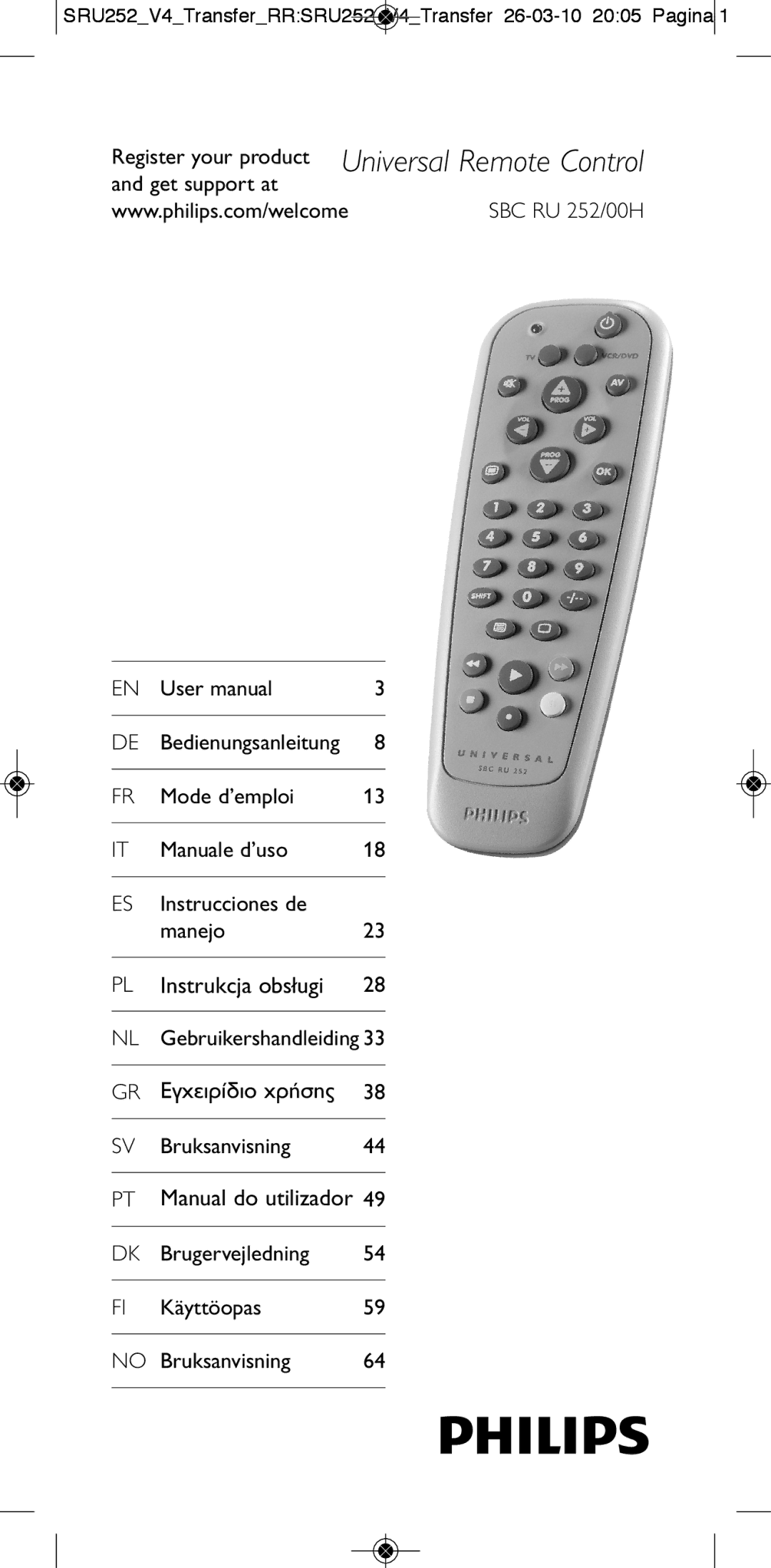 Philips 252/0OH user manual Register your product Universal Remote Control 