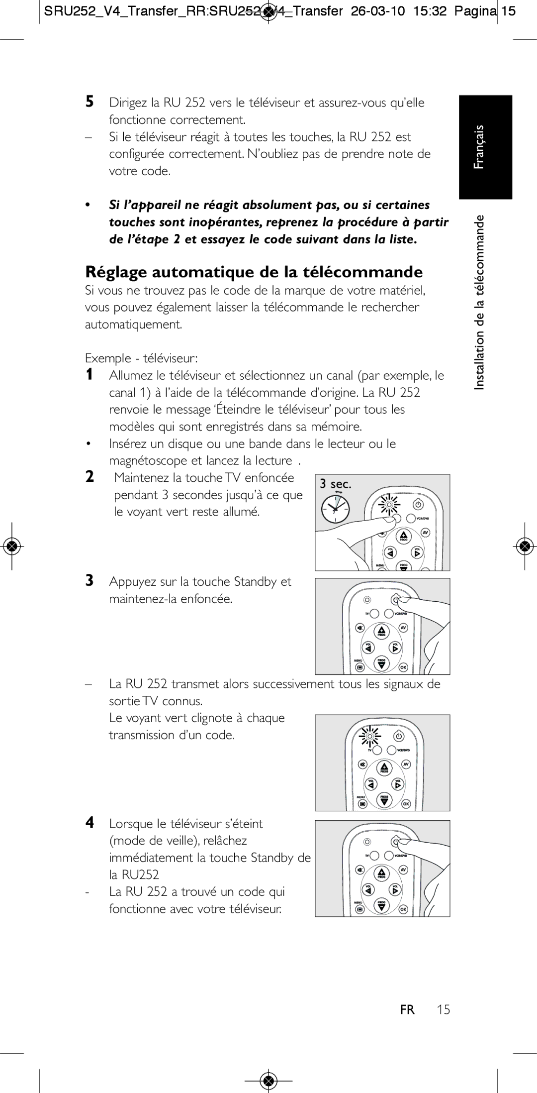 Philips 252/0OH user manual Réglage automatique de la télécommande 