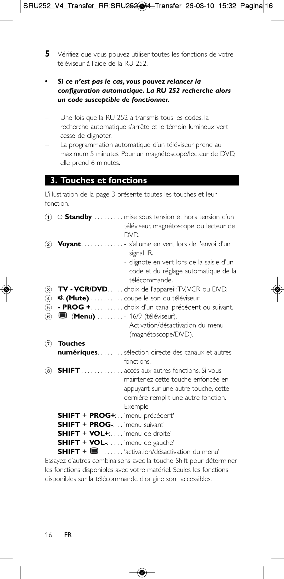 Philips 252/0OH user manual Touches et fonctions, 16 FR 