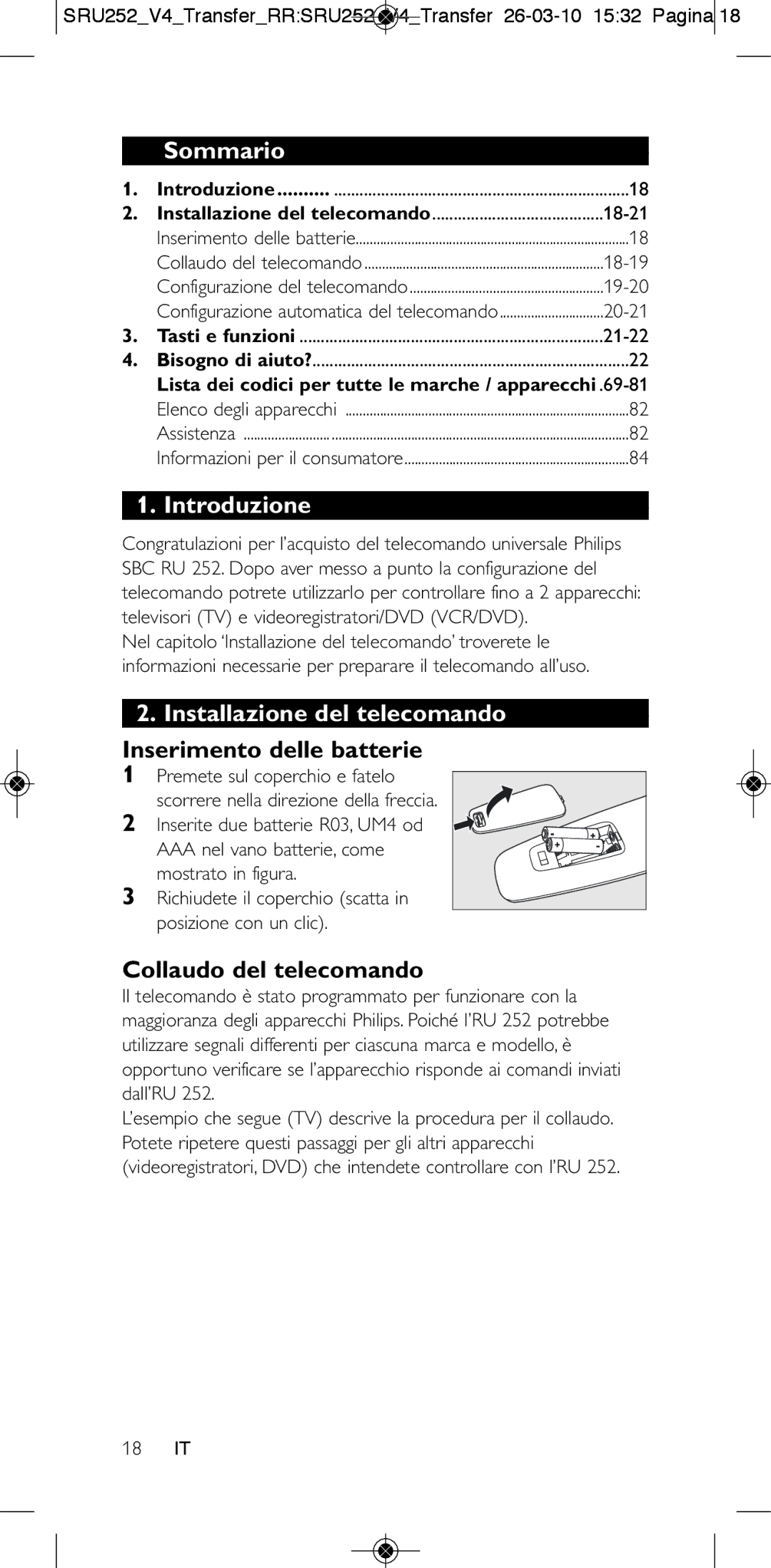 Philips 252/0OH user manual Sommario, Introduzione, Installazione del telecomando, Collaudo del telecomando, 18 IT 