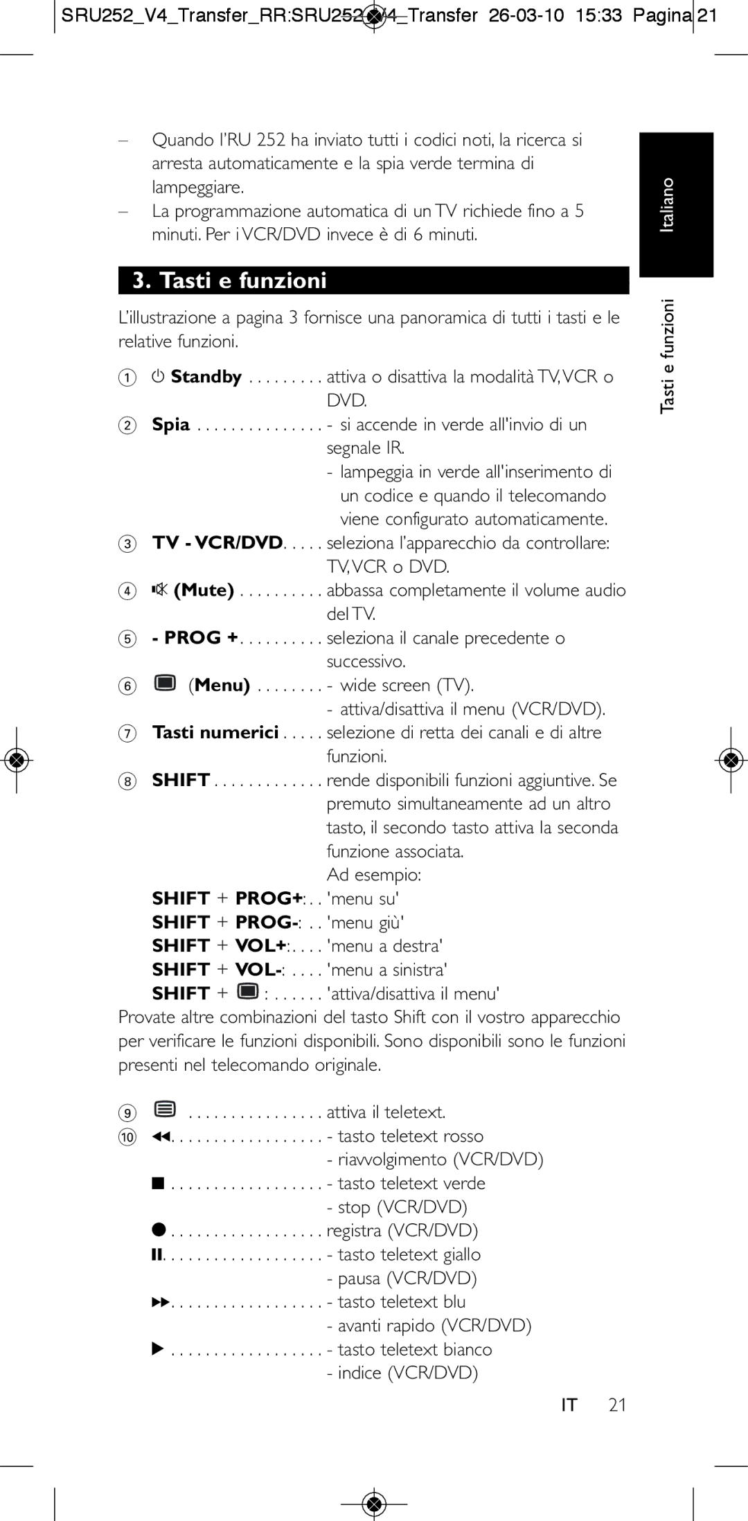 Philips 252/0OH user manual Tasti e funzioni 