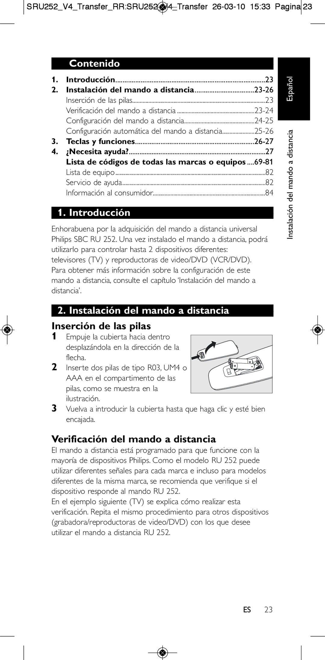 Philips 252/0OH user manual Contenido, Introducción, Instalación del mando a distancia, Inserción de las pilas 