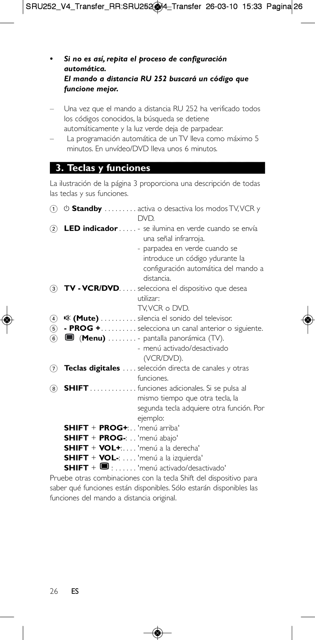 Philips 252/0OH user manual Teclas y funciones, 26 ES 