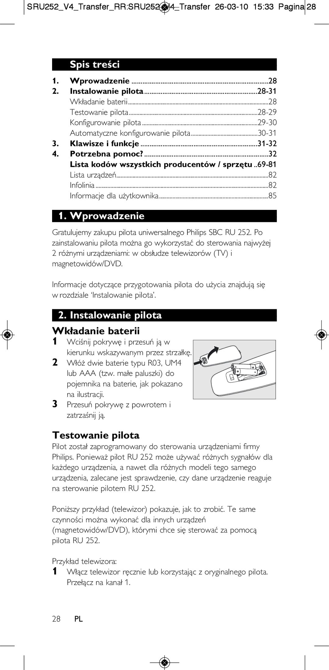 Philips 252/0OH user manual Spis treści, Wprowadzenie, Instalowanie pilota, Wkładanie baterii, Testowanie pilota 