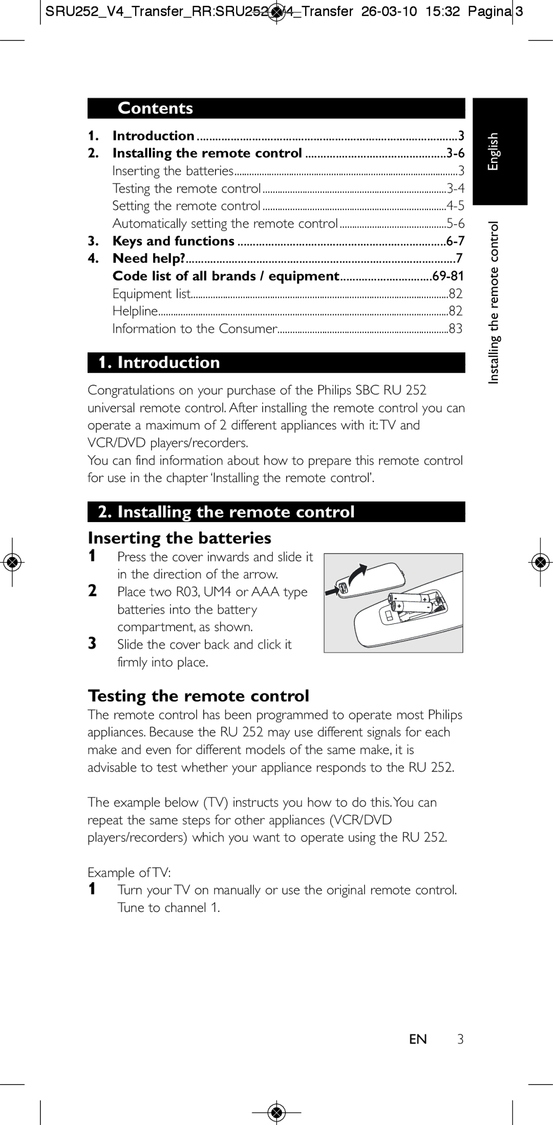 Philips 252/0OH user manual Contents, Introduction, Installing the remote control 