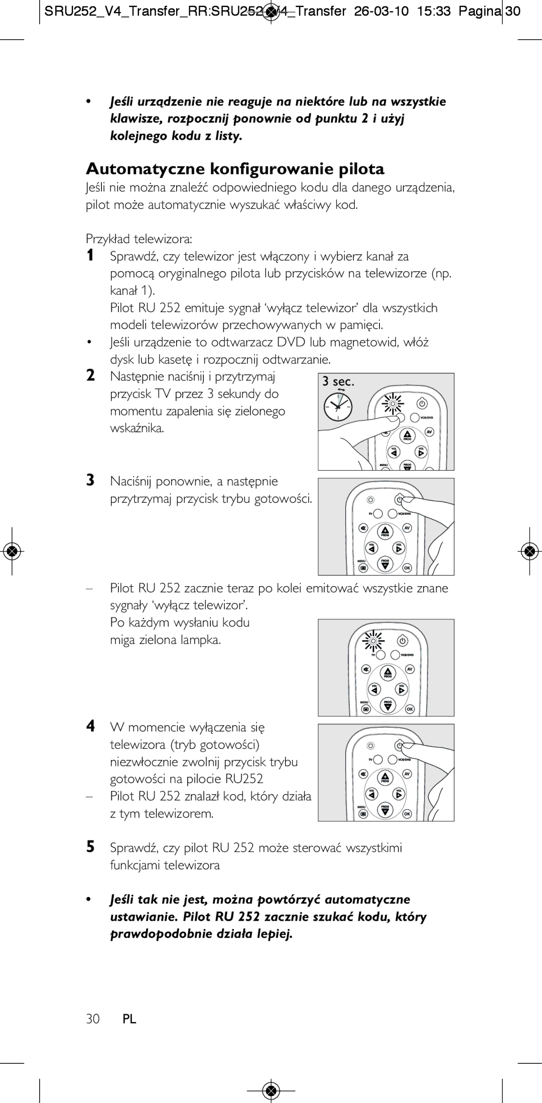 Philips 252/0OH user manual Automatyczne konfigurowanie pilota, 30 PL 