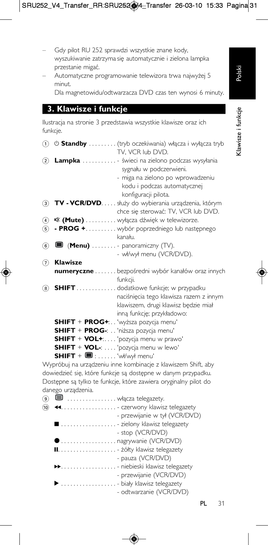 Philips 252/0OH user manual Klawisze i funkcje, Funkcji 